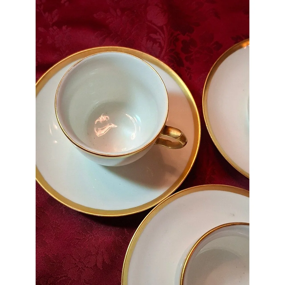 3 Haviland Limoges France Gold Gilt White‎ Porcelain Demitasse Cup & Saucers